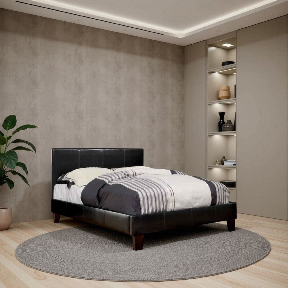 Benjara Leatherette Platform Style Queen Bed with Tapered Block Feet, Dark Brown