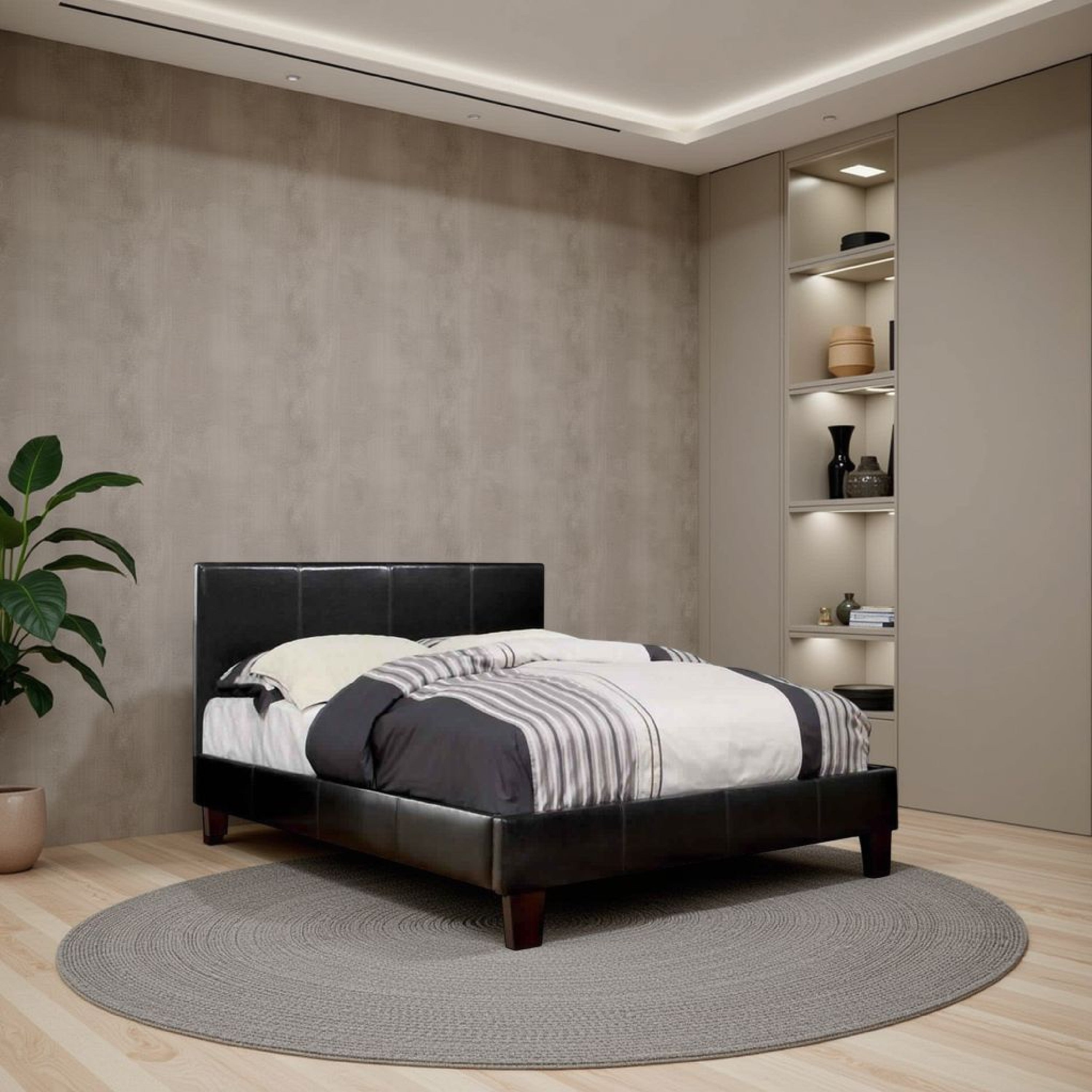Benjara Leatherette Platform Style Queen Bed with Tapered Block Feet, Dark Brown