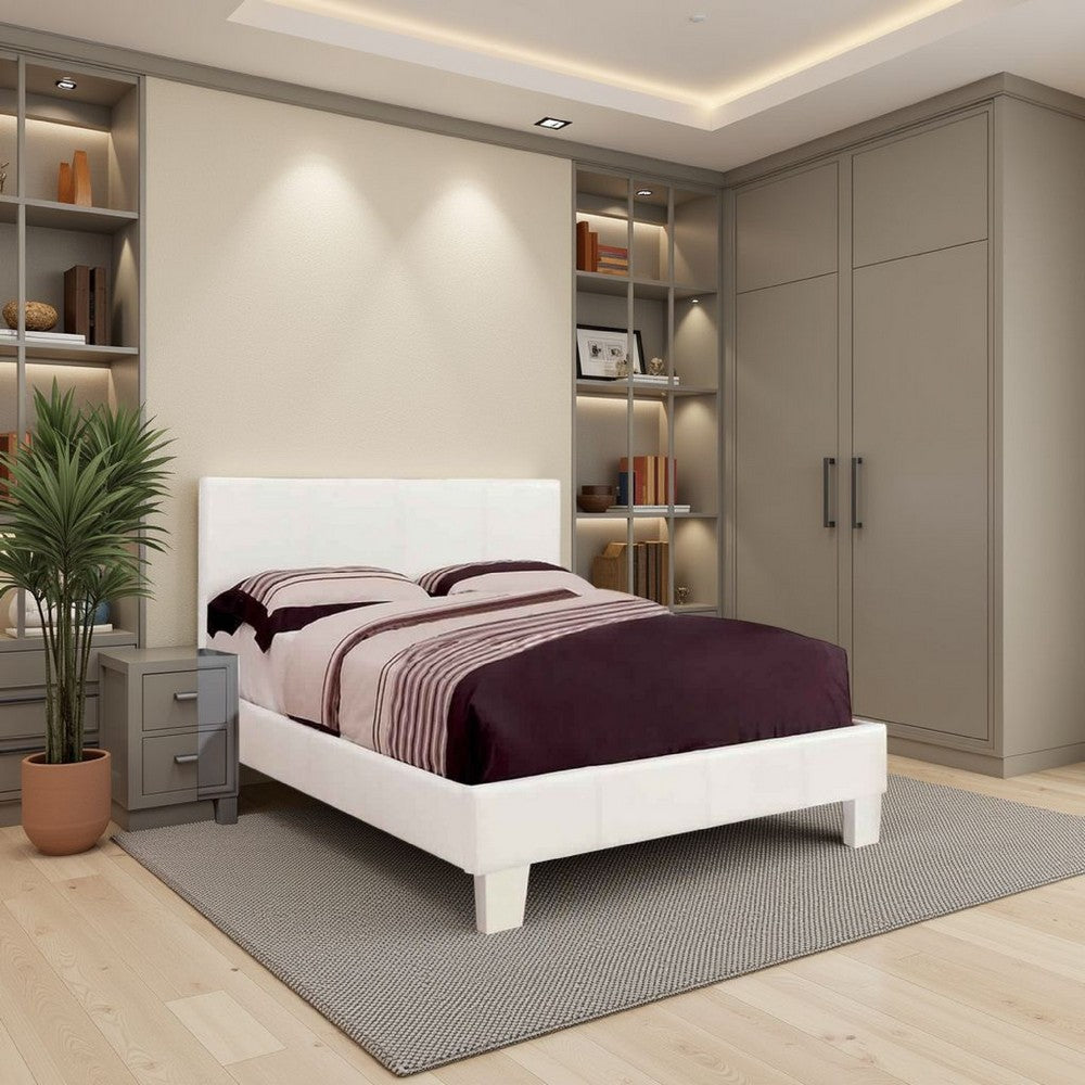 Benjara Leatherette Platform Style Queen Size Bed with Tapered Block Feet, White