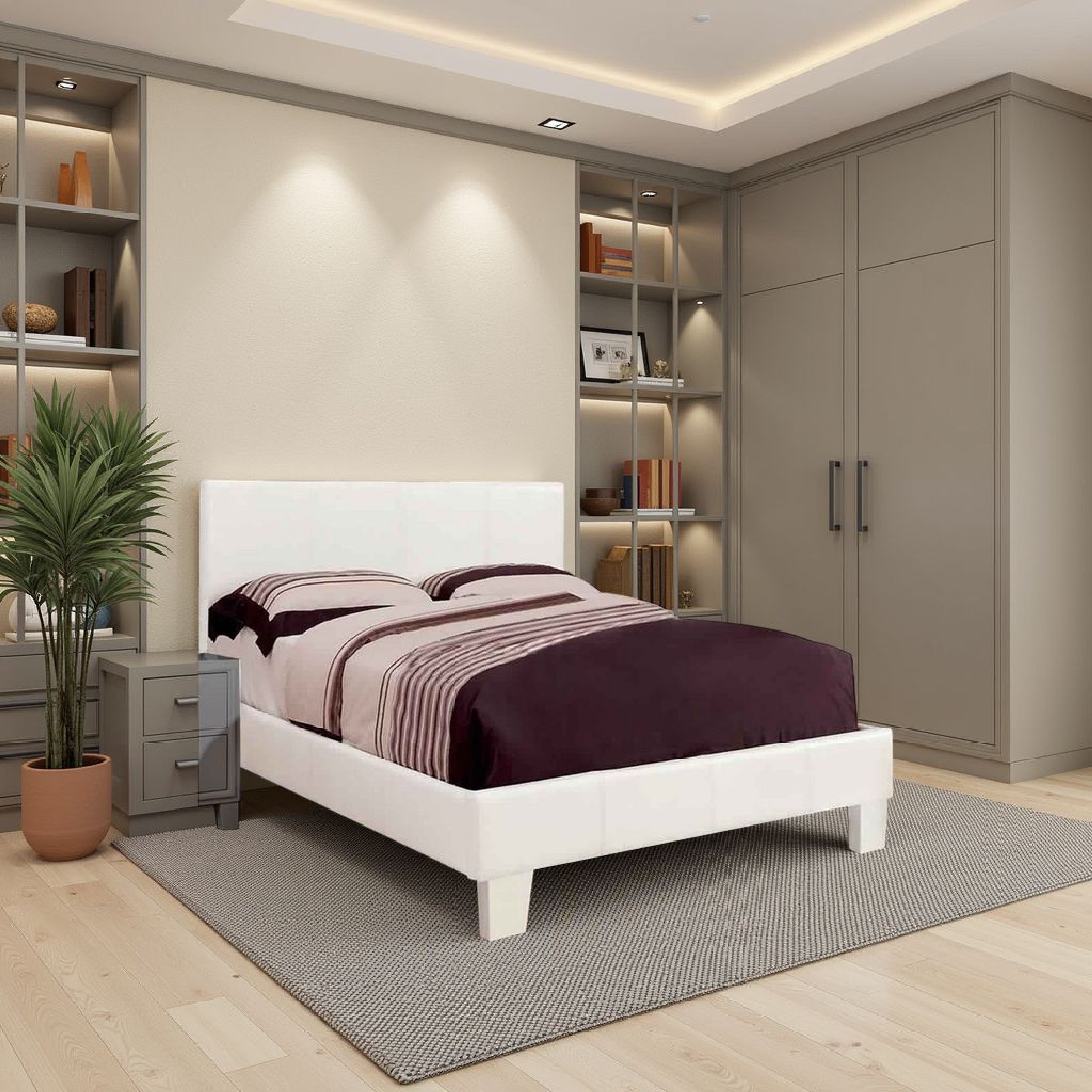 Benjara Leatherette Platform Style Queen Size Bed with Tapered Block Feet, White