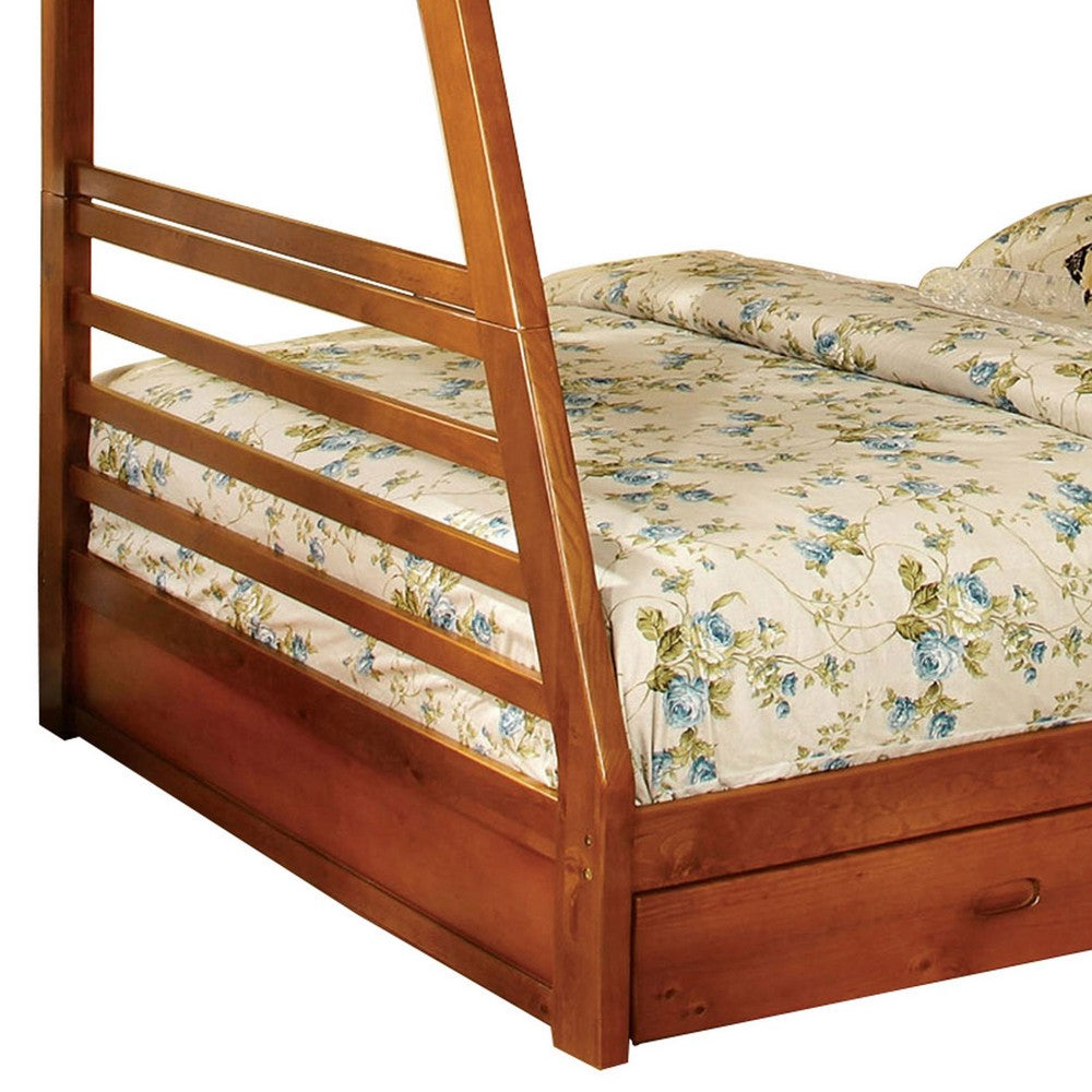 Benjara Transitional Style Twin Over Full Bunk Bed with Drawers, Oak Brown