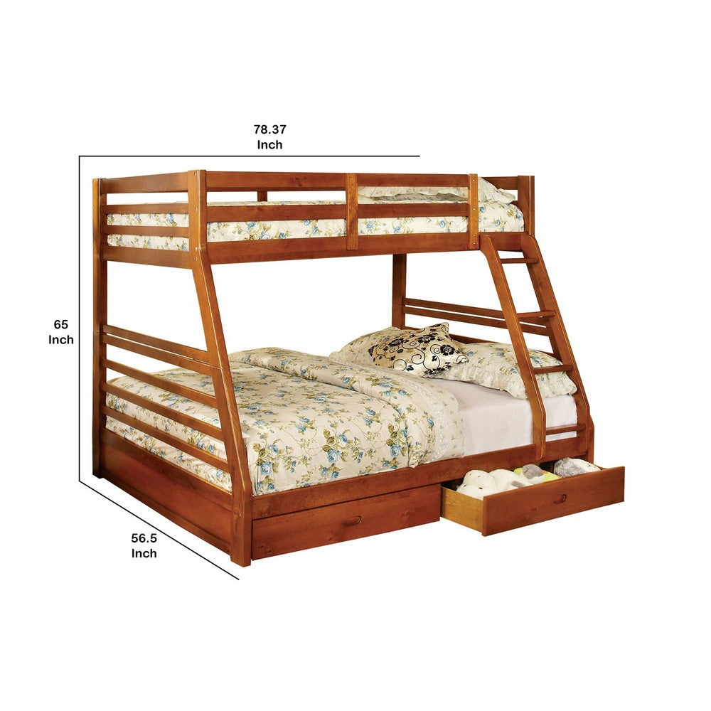 Benjara Transitional Style Twin Over Full Bunk Bed with Drawers, Oak Brown