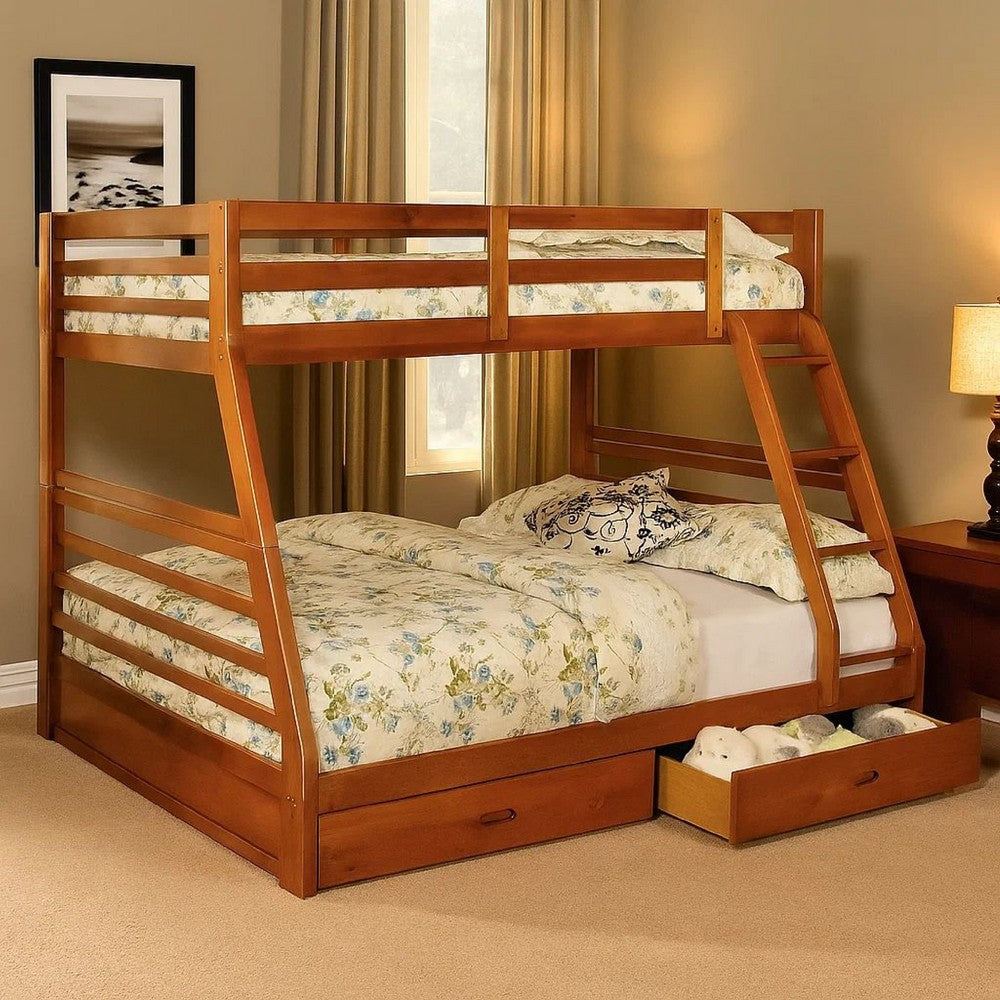 Benjara Transitional Style Twin Over Full Bunk Bed with Drawers, Oak Brown