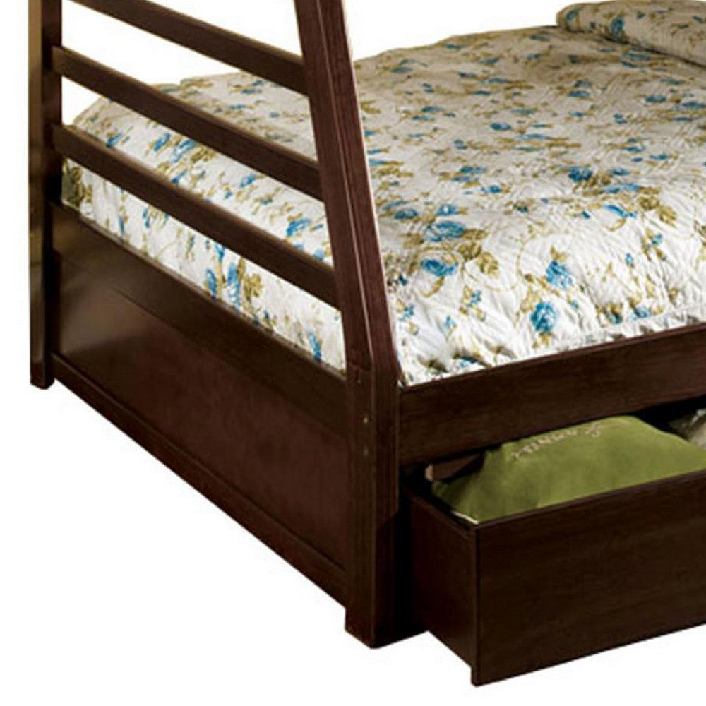 Benjara Transitional Style Twin Over Full Bunk Bed with Drawers, Walnut Brown