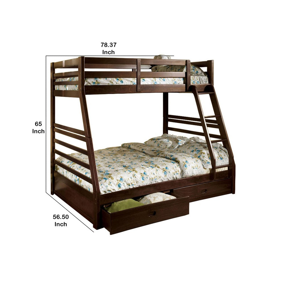 Benjara Transitional Style Twin Over Full Bunk Bed with Drawers, Walnut Brown