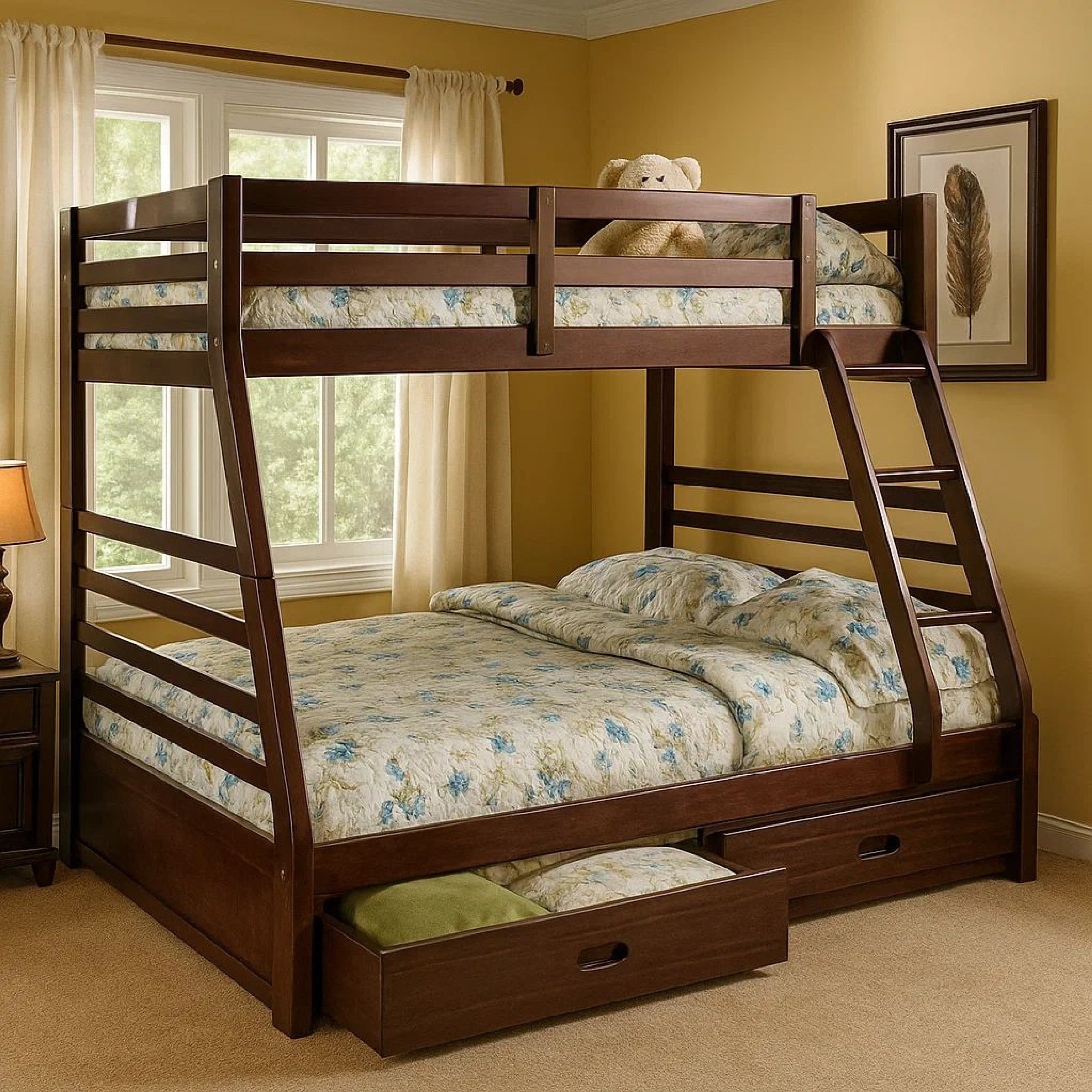 Benjara Transitional Style Twin Over Full Bunk Bed with Drawers, Walnut Brown