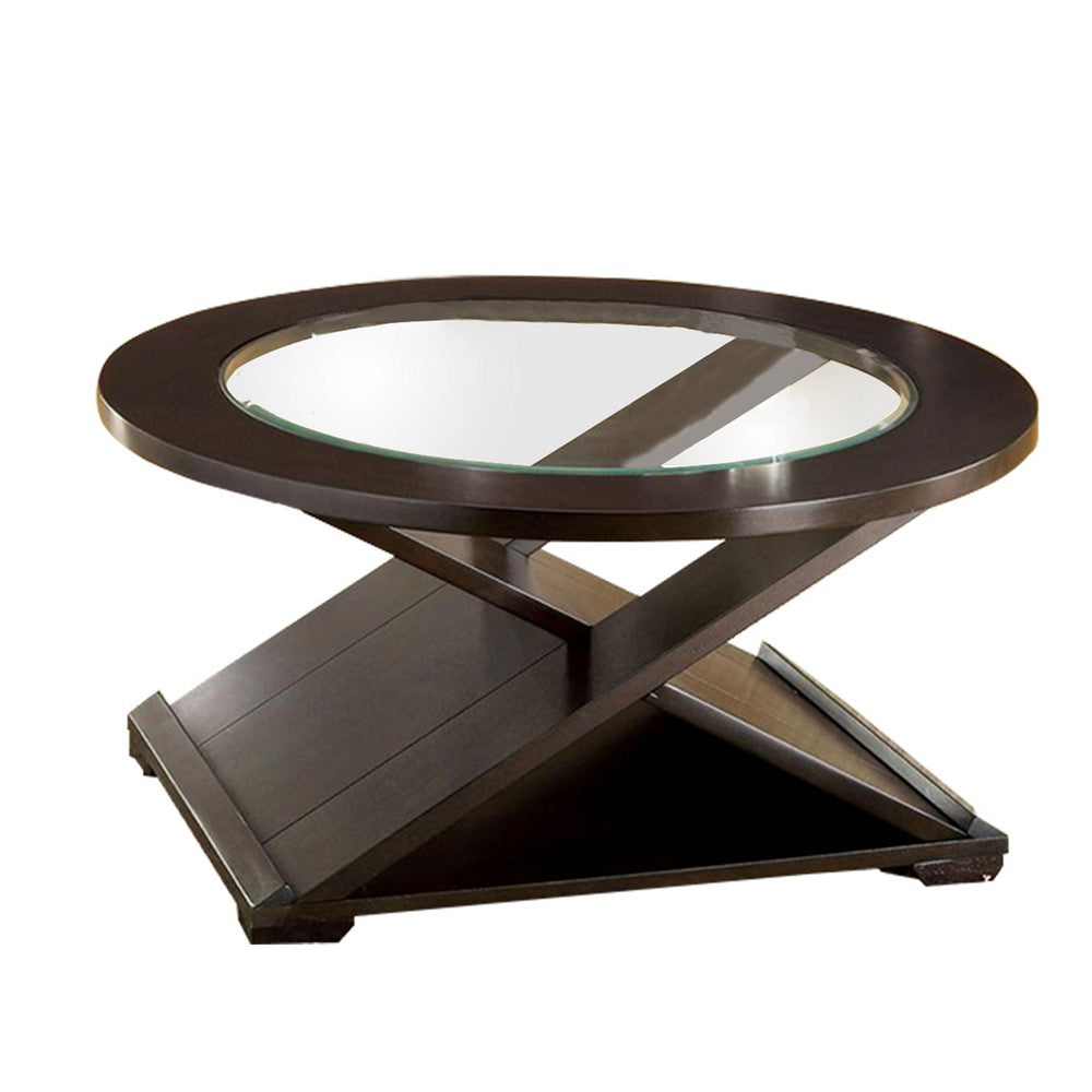 Benjara 3 Piece Round Glass Coffee Table And End Table with X Shaped Base, Brown