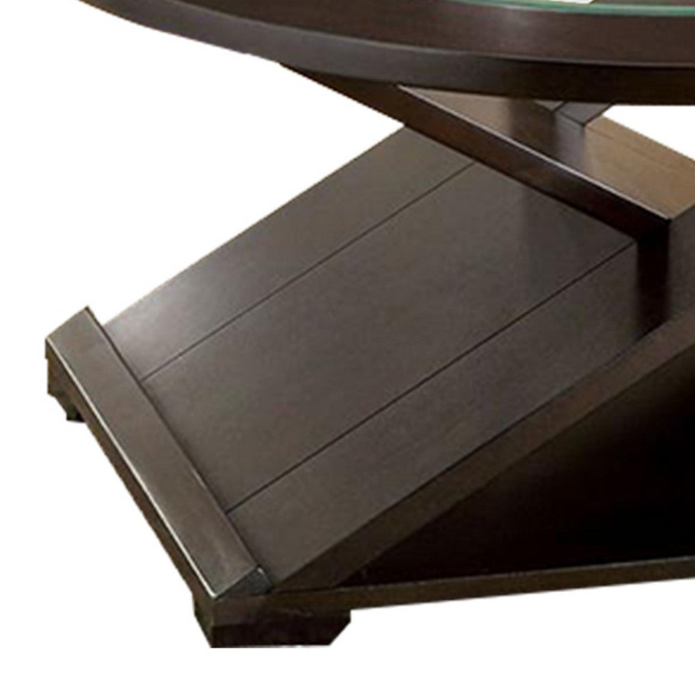 Benjara 3 Piece Round Glass Coffee Table And End Table with X Shaped Base, Brown