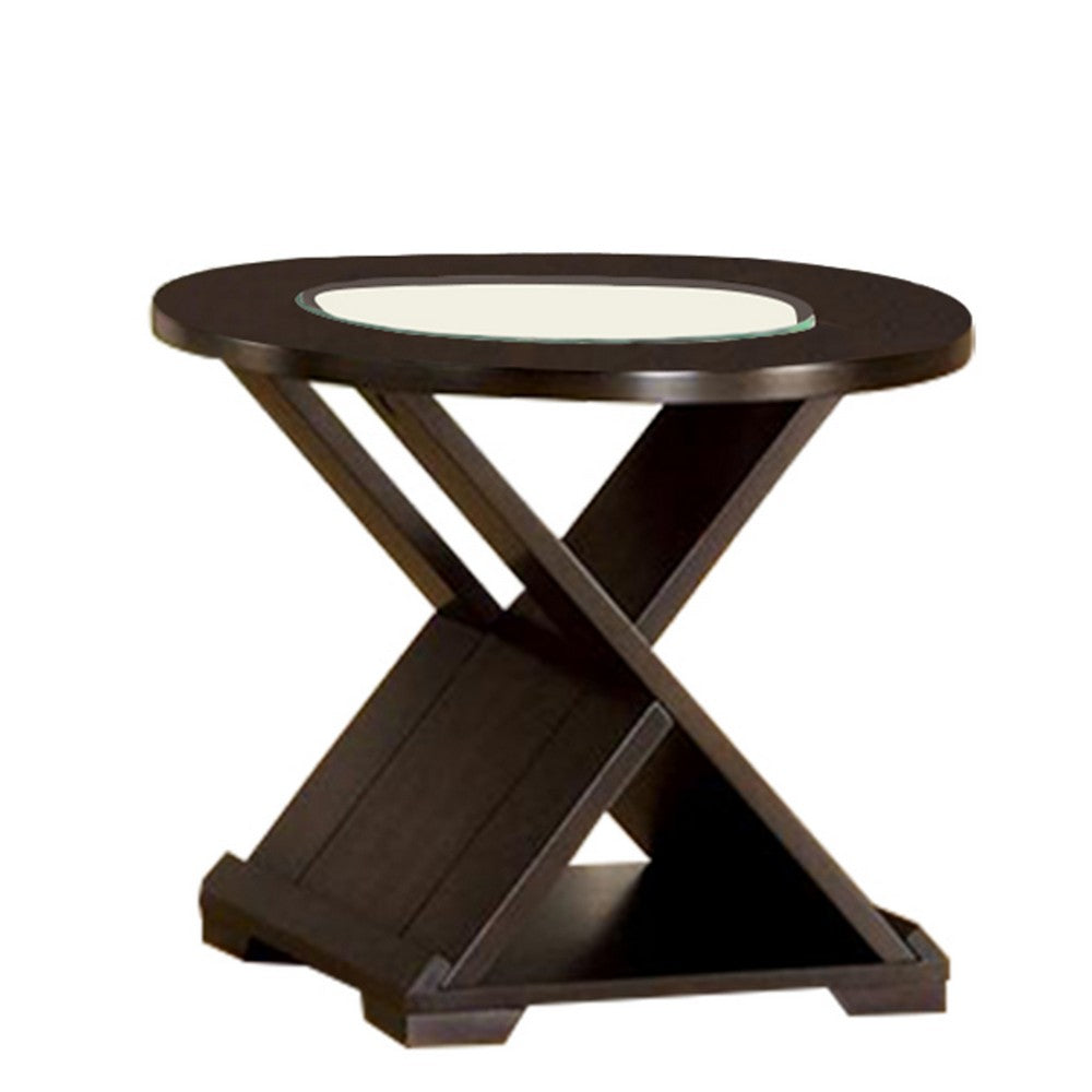 Benjara 3 Piece Round Glass Coffee Table And End Table with X Shaped Base, Brown
