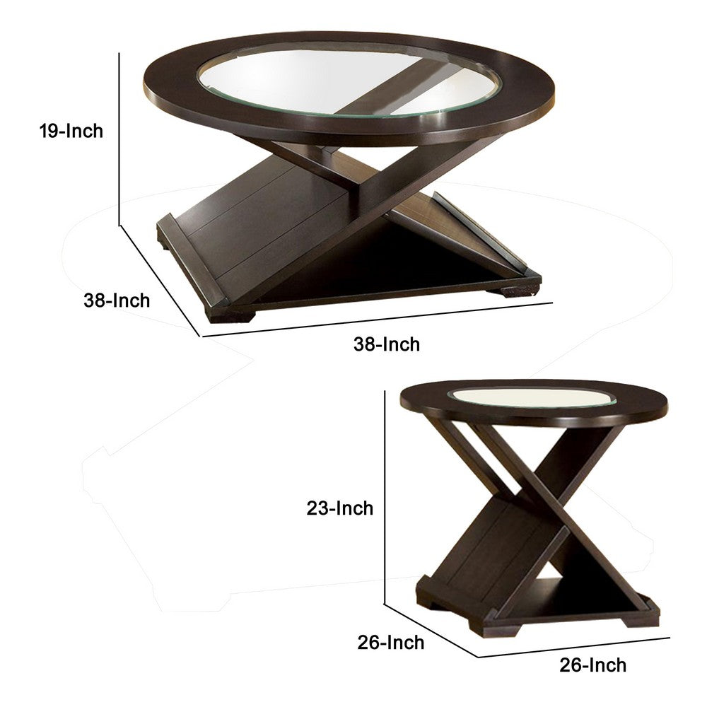 Benjara 3 Piece Round Glass Coffee Table And End Table with X Shaped Base, Brown