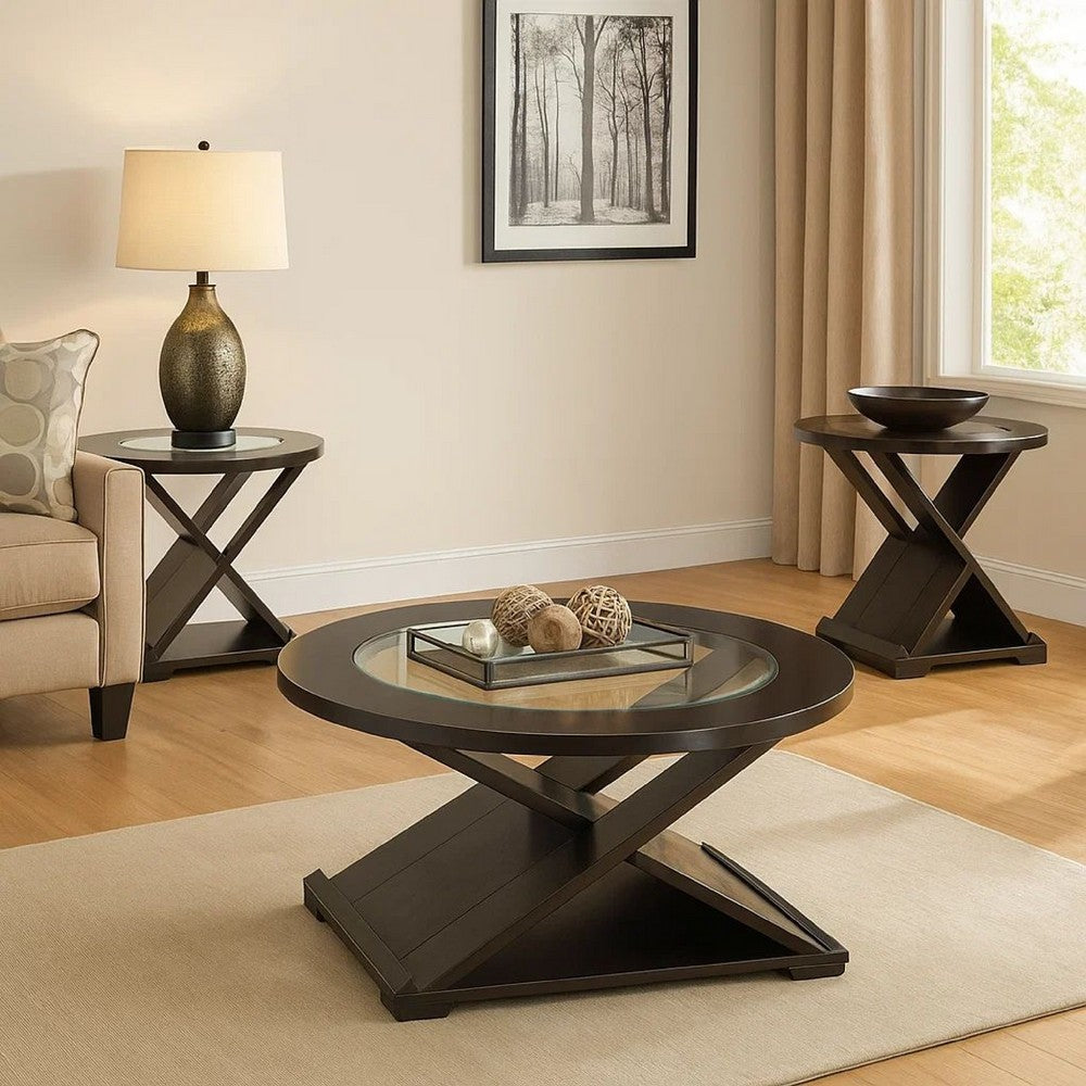 Benjara 3 Piece Round Glass Coffee Table And End Table with X Shaped Base, Brown