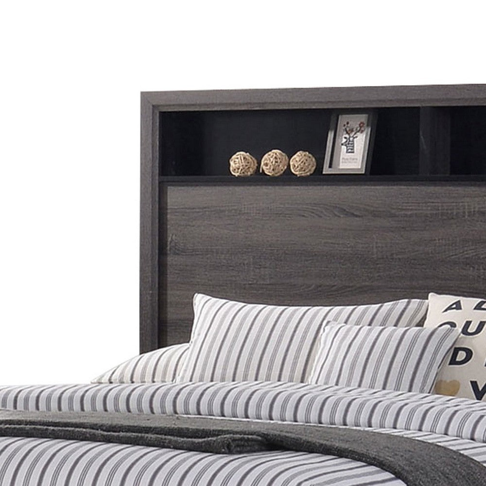 Benjara Transitional Wooden Queen Size Platform Bed with Bookcase Headboard, Gray