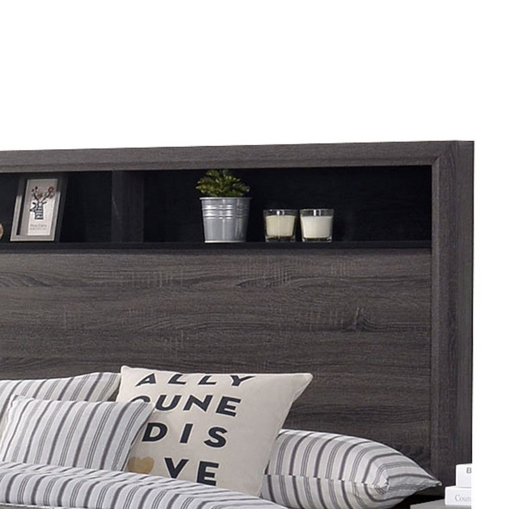 Benjara Transitional Wooden Queen Size Platform Bed with Bookcase Headboard, Gray
