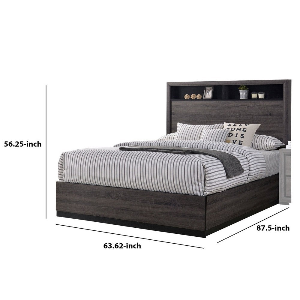Benjara Transitional Wooden Queen Size Platform Bed with Bookcase Headboard, Gray