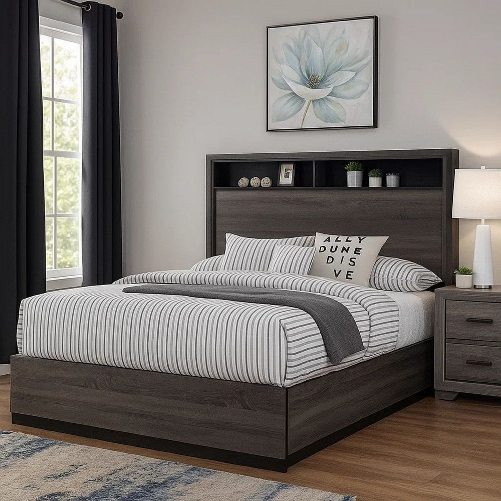Benjara Transitional Wooden Queen Size Platform Bed with Bookcase Headboard, Gray