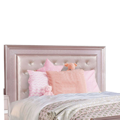 Benjara Button Tufted Full Size Bed with Leatherette Headboard, Rose Gold