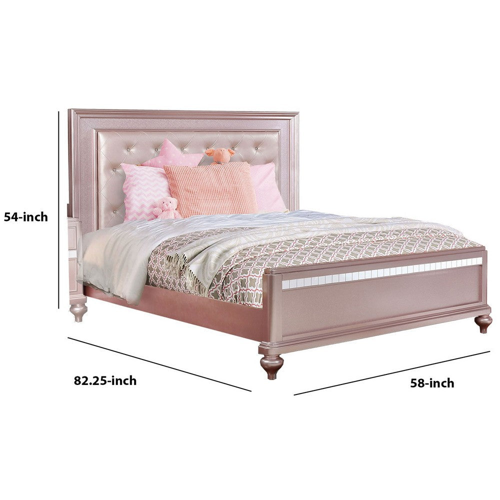 Benjara Button Tufted Full Size Bed with Leatherette Headboard, Rose Gold