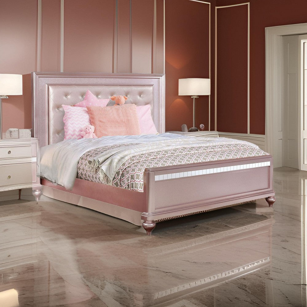 Benjara Button Tufted Full Size Bed with Leatherette Headboard, Rose Gold