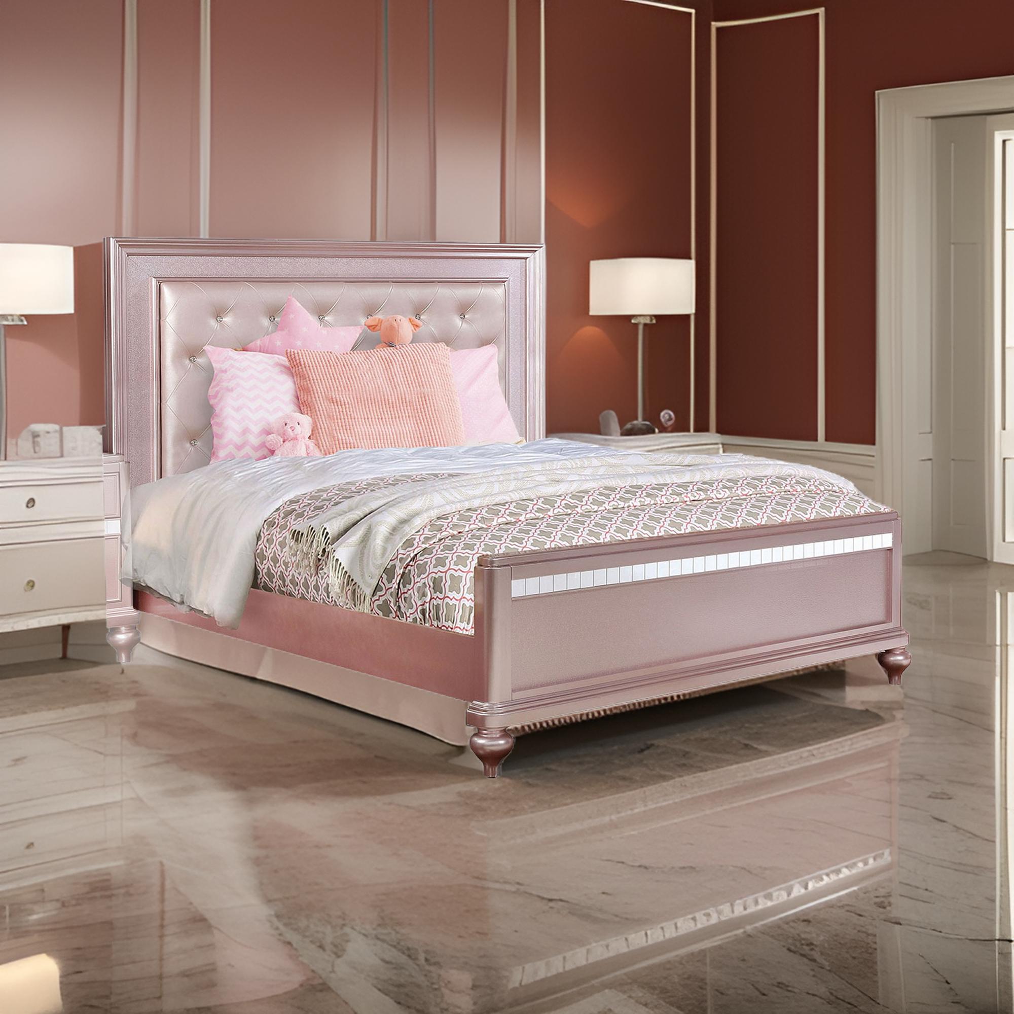 Benjara Button Tufted Full Size Bed with Leatherette Headboard, Rose Gold