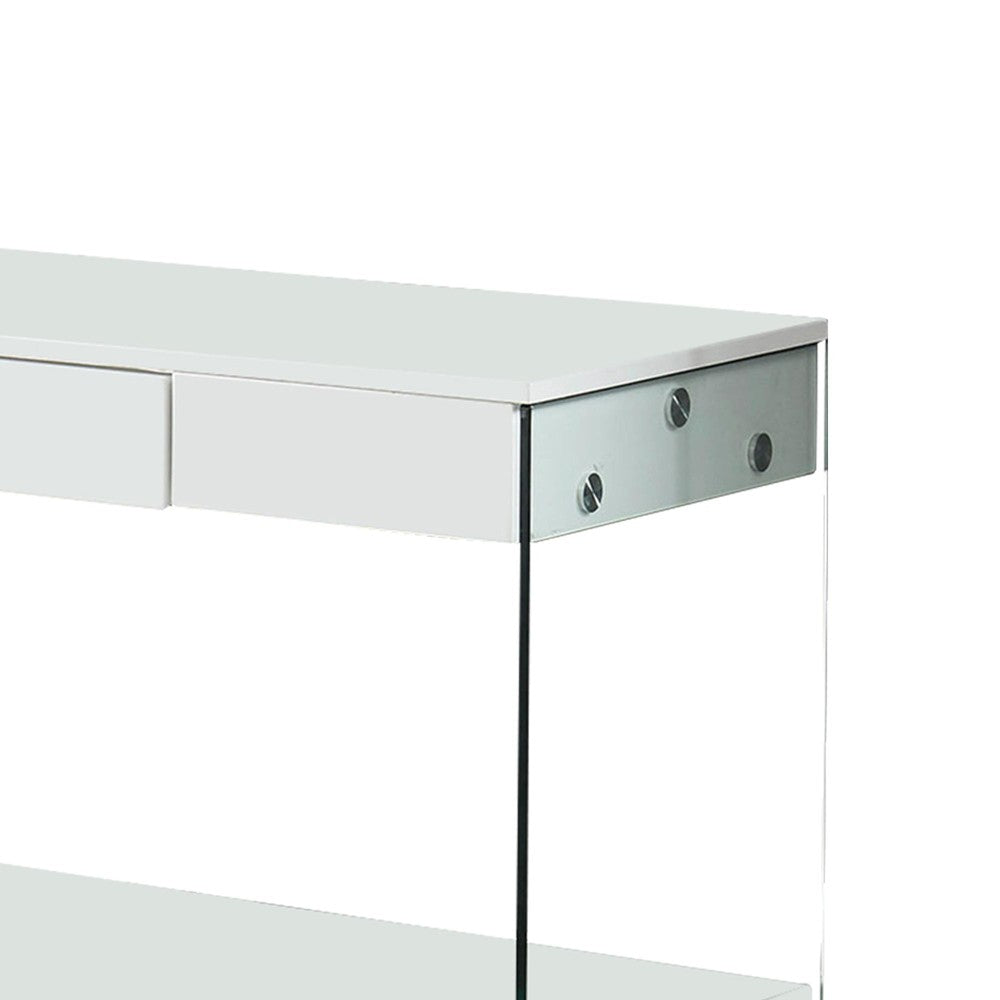 Benjara Contemporary Style Plastic TV Stand with Glass Side Panels, White