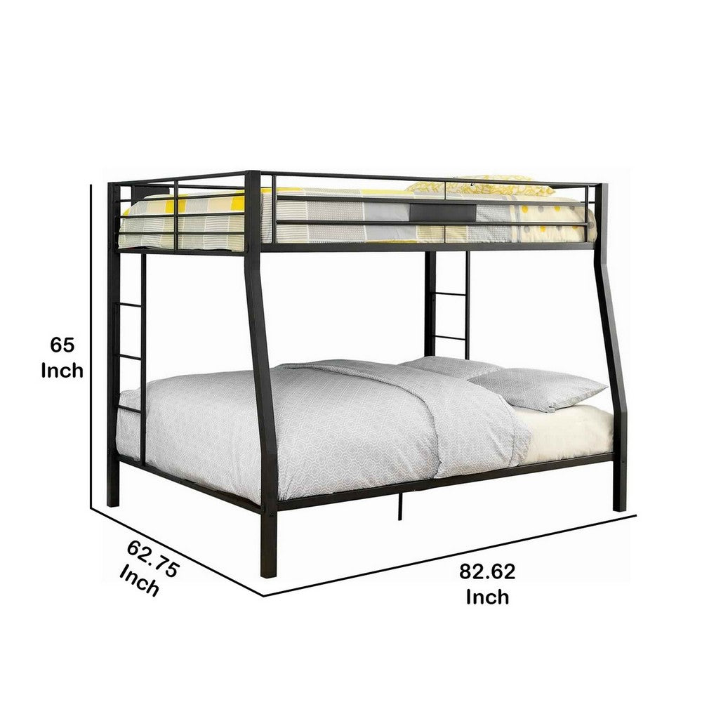 Benjara Horizontal Slatted Metal Full Over Queen Bunk Bed with 2 Ladders, Black