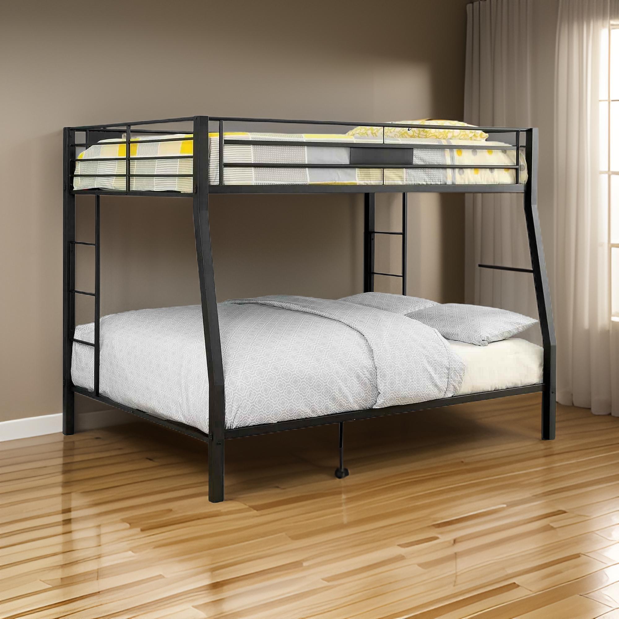 Benjara Horizontal Slatted Metal Full Over Queen Bunk Bed with 2 Ladders, Black