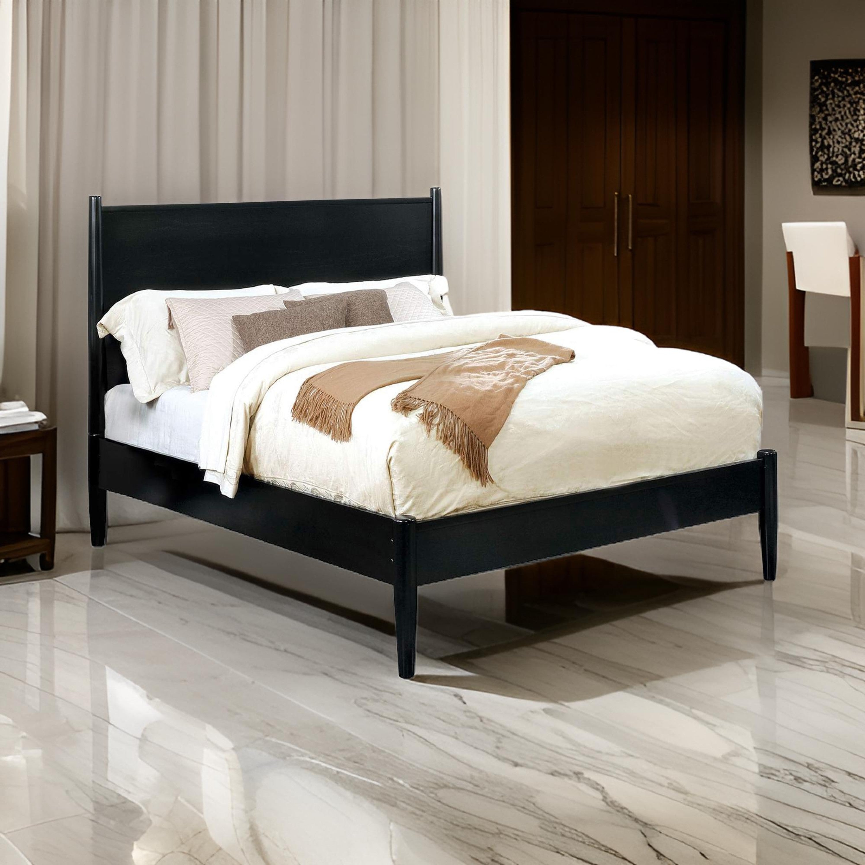 Benjara Wooden Eastern King Size Bed with Panel Headboard, Black