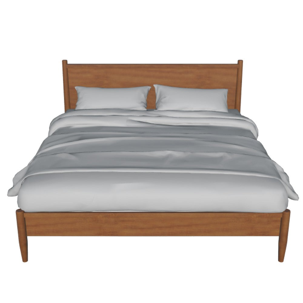 Benjara Mid Century Modern Wood Queen Bed, Round Tapered Legs, Oak Brown