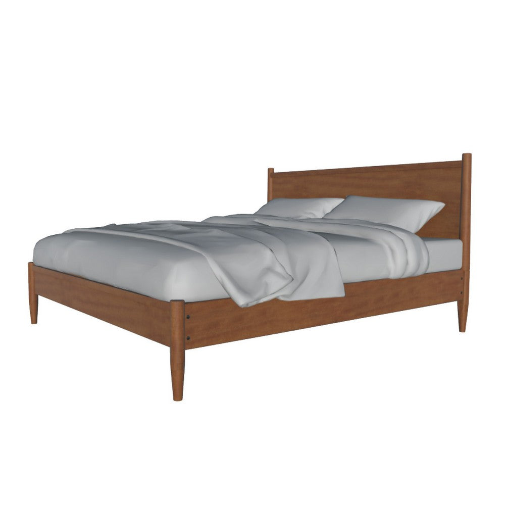 Benjara Mid Century Modern Wood Queen Bed, Round Tapered Legs, Oak Brown