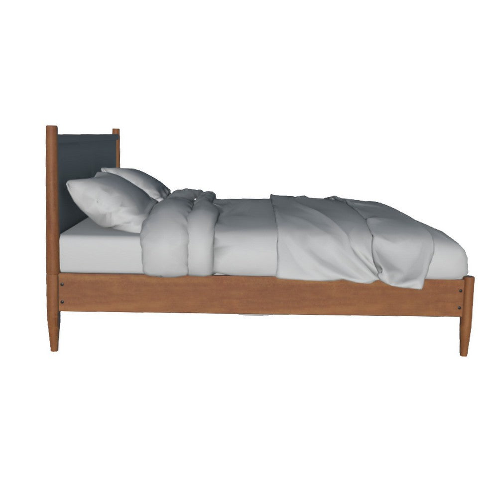 Benjara Mid Century Modern Wood Queen Bed, Round Tapered Legs, Oak Brown