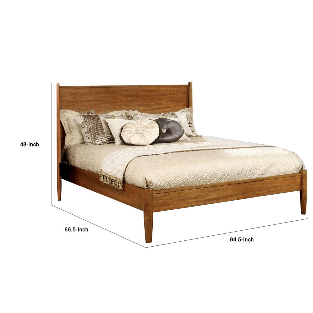 Benjara Mid Century Modern Wood Queen Bed, Round Tapered Legs, Oak Brown