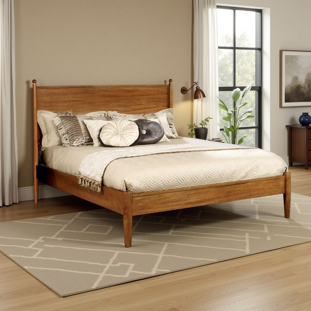 Benjara Mid Century Modern Wood Queen Bed, Round Tapered Legs, Oak Brown