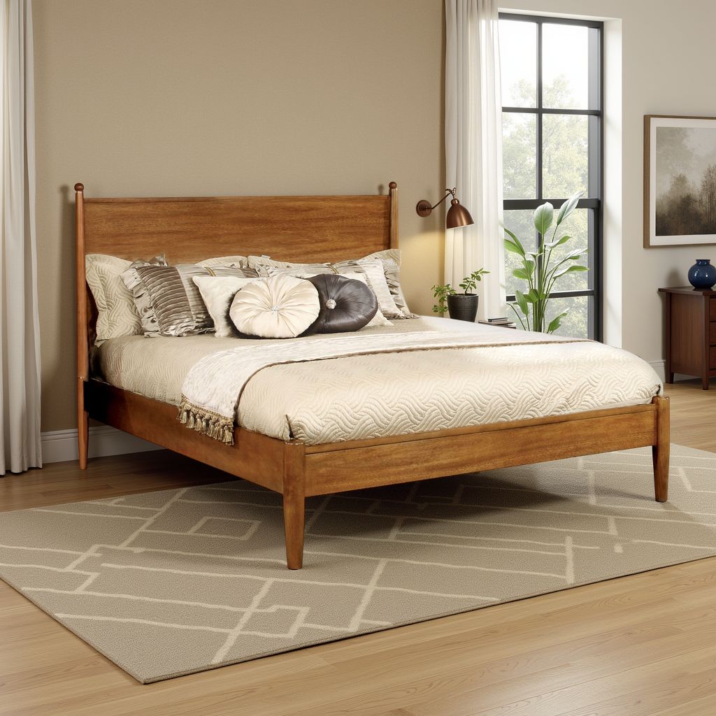 Benjara Mid Century Modern Wood Queen Bed, Round Tapered Legs, Oak Brown