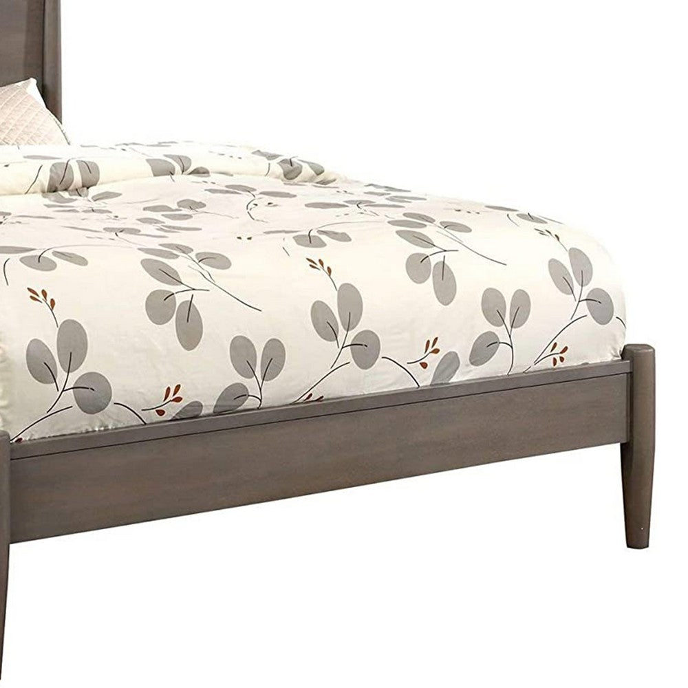 Benjara Mid Century Modern Wood Queen Bed with Round Tapered Legs, Gray