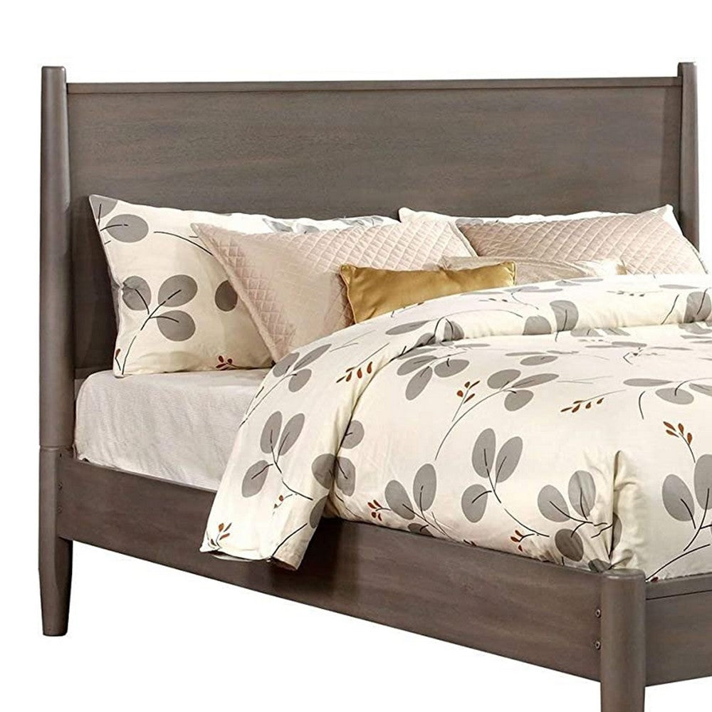 Benjara Mid Century Modern Wood Queen Bed with Round Tapered Legs, Gray