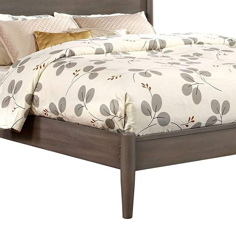 Benjara Mid Century Modern Wood Queen Bed with Round Tapered Legs, Gray