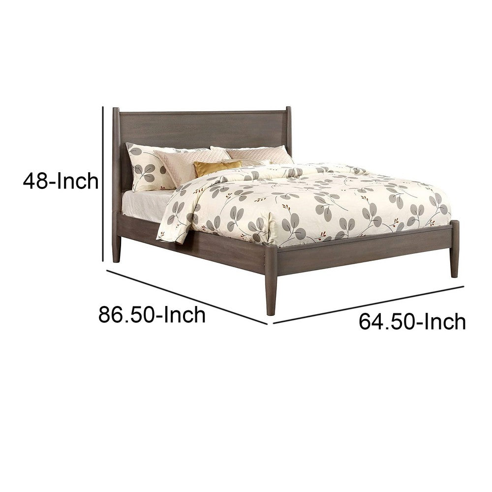 Benjara Mid Century Modern Wood Queen Bed with Round Tapered Legs, Gray