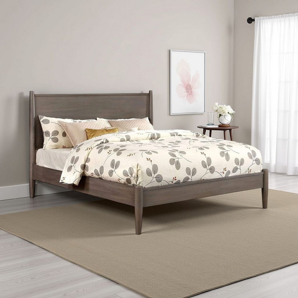 Benjara Mid Century Modern Wood Queen Bed with Round Tapered Legs, Gray