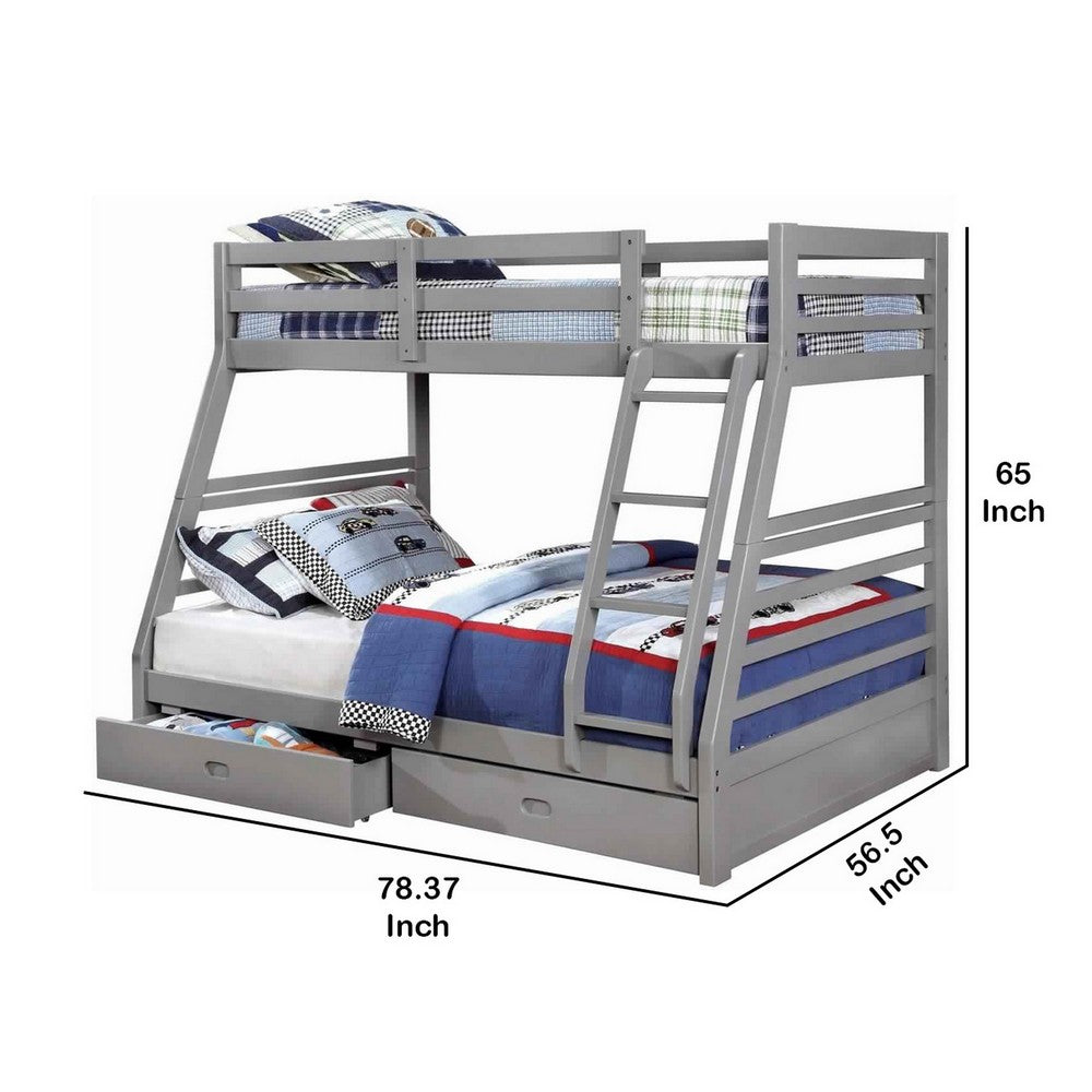 Benjara Transitional Twin Over Full Bed with Attached Ladder And Drawers, Dark Gray
