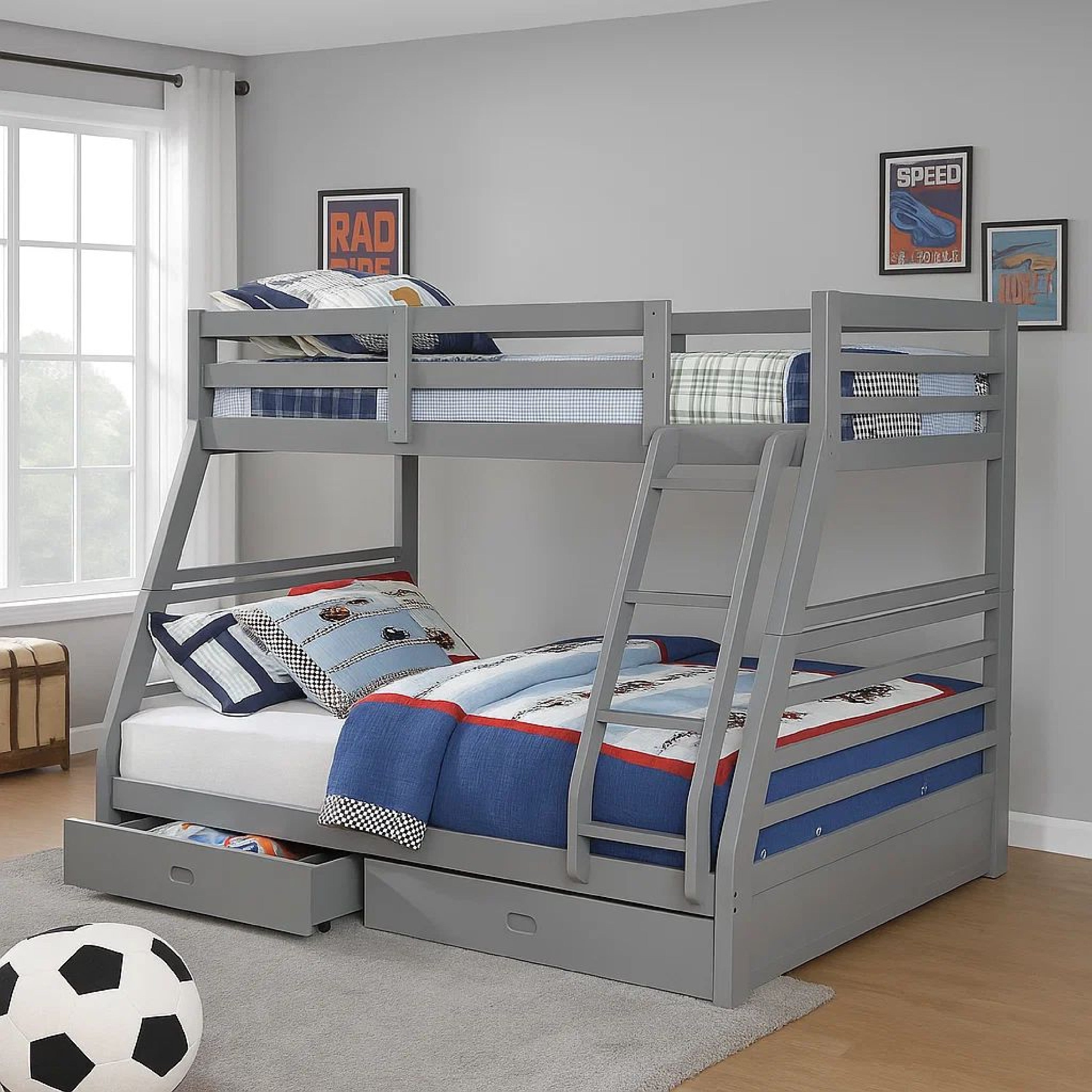 Benjara Transitional Twin Over Full Bed with Attached Ladder And Drawers, Dark Gray