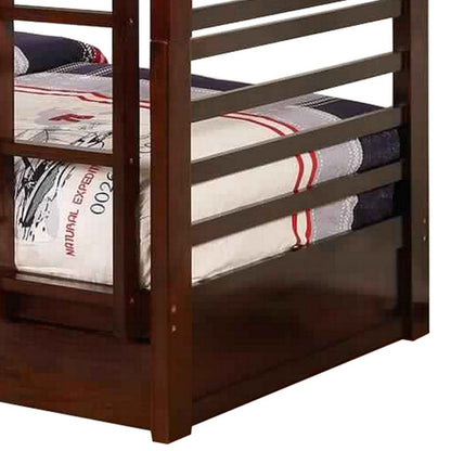 Benjara Transitional Twin Over Twin Bed with Attached Ladder And Drawers, Brown