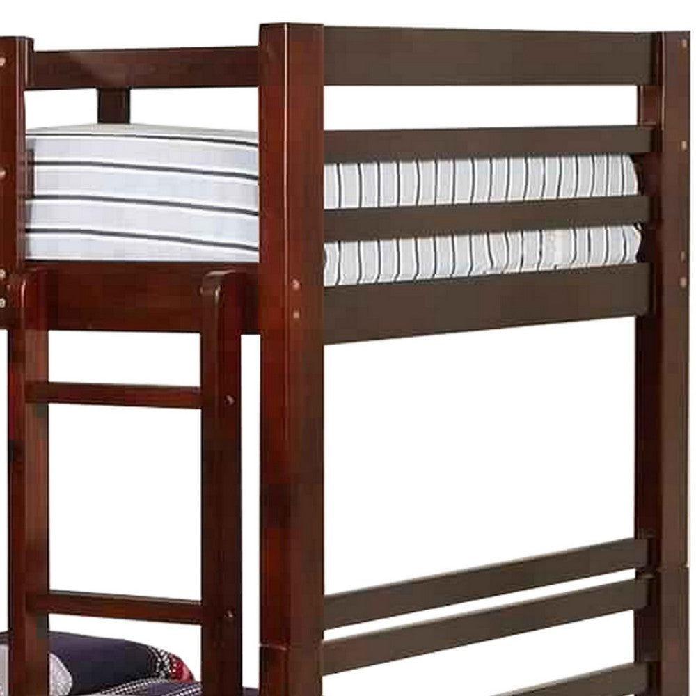 Benjara Transitional Twin Over Twin Bed with Attached Ladder And Drawers, Brown