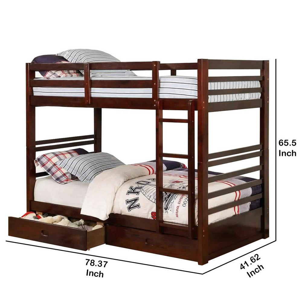 Benjara Transitional Twin Over Twin Bed with Attached Ladder And Drawers, Brown