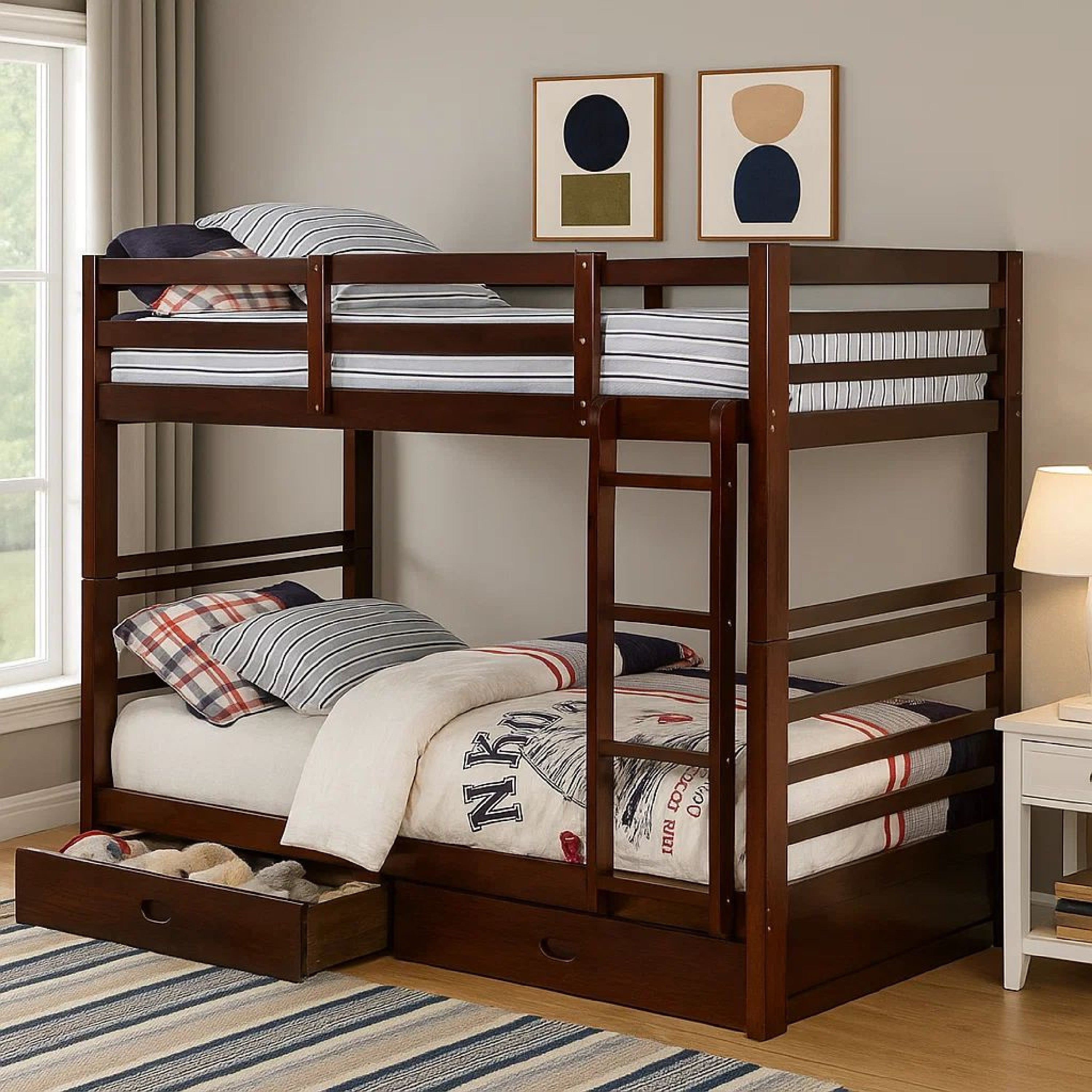 Benjara Transitional Twin Over Twin Bed with Attached Ladder And Drawers, Brown