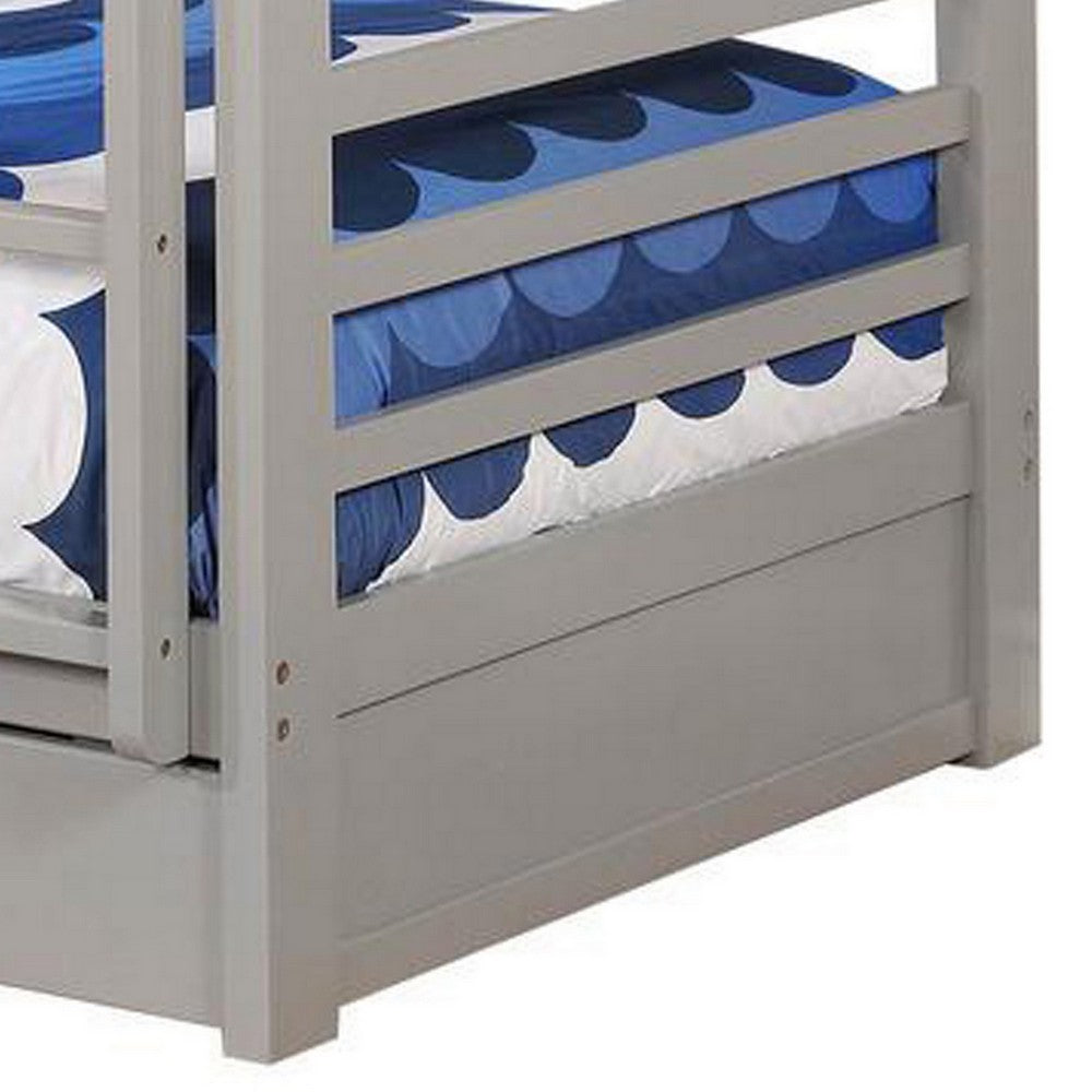 Benjara Transitional Twin Over Twin Bed with Attached Ladder And Drawers, Gray