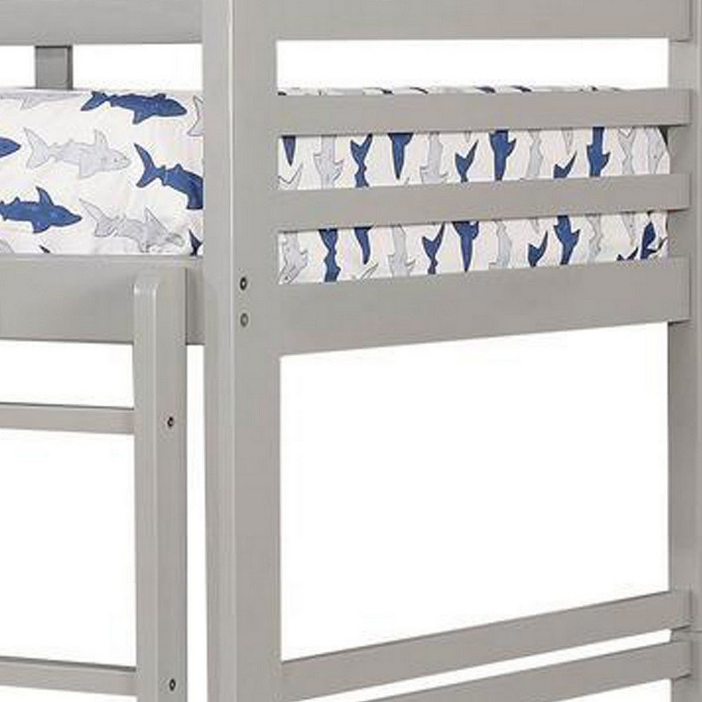 Benjara Transitional Twin Over Twin Bed with Attached Ladder And Drawers, Gray