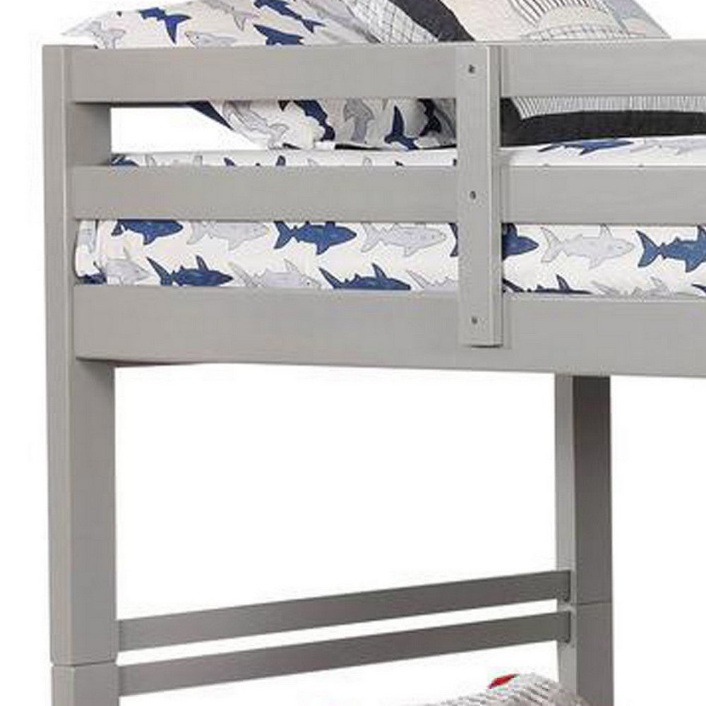 Benjara Transitional Twin Over Twin Bed with Attached Ladder And Drawers, Gray