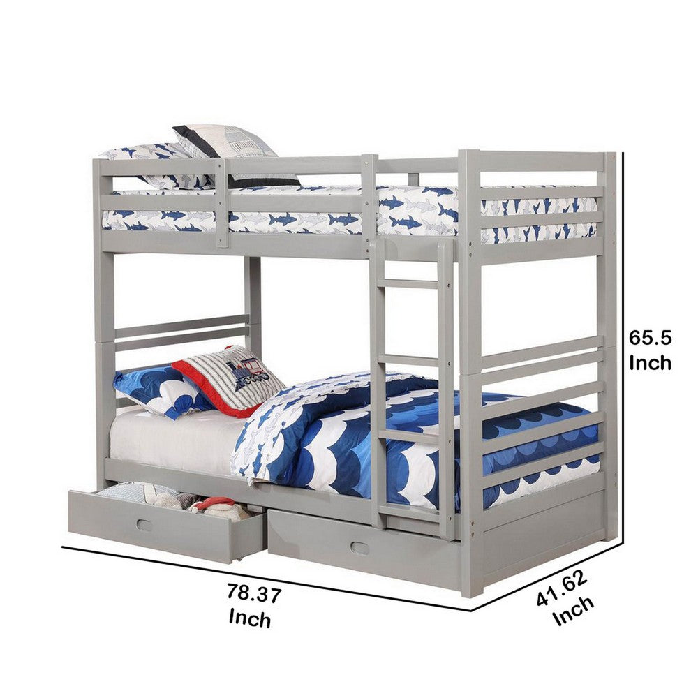 Benjara Transitional Twin Over Twin Bed with Attached Ladder And Drawers, Gray