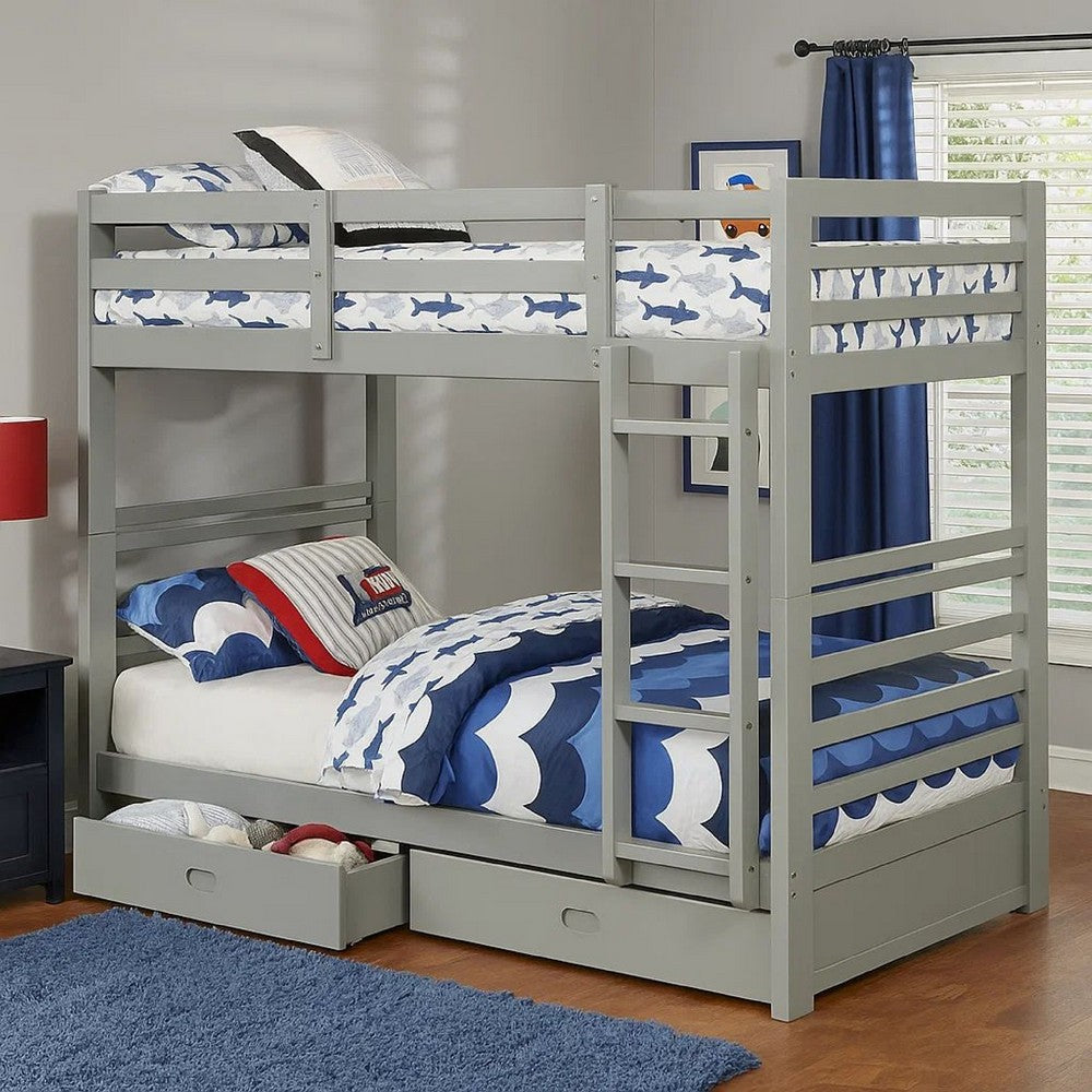 Benjara Transitional Twin Over Twin Bed with Attached Ladder And Drawers, Gray