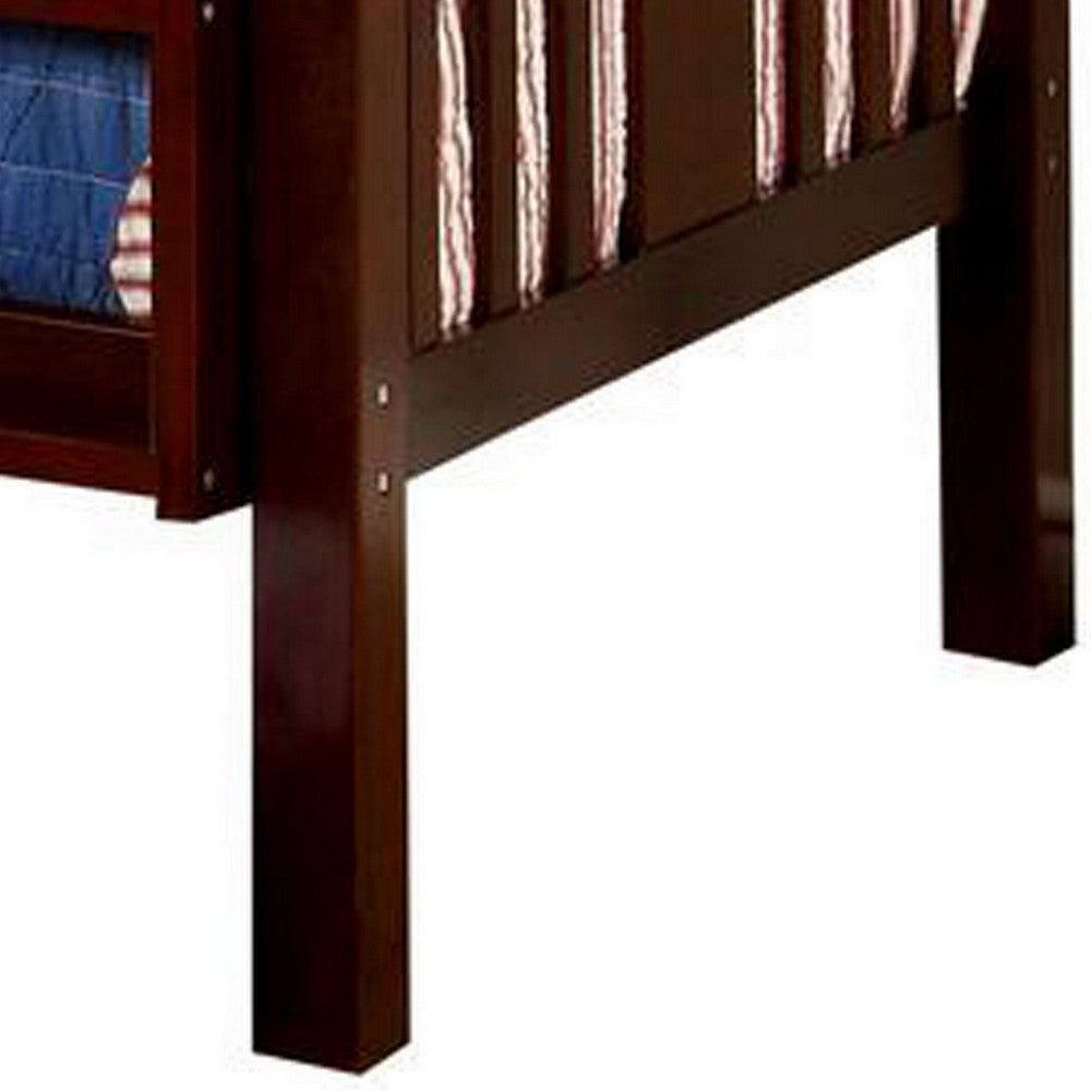 Benjara Slatted Twin Over Twin Bunk Bed with Attached Ladder, Espresso Brown